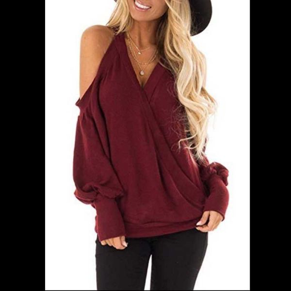 

women's blouses & shirts 2021 autumn women cold shoulder v-neck loose long sleeve shirt ladies fashion blouse at0083, White