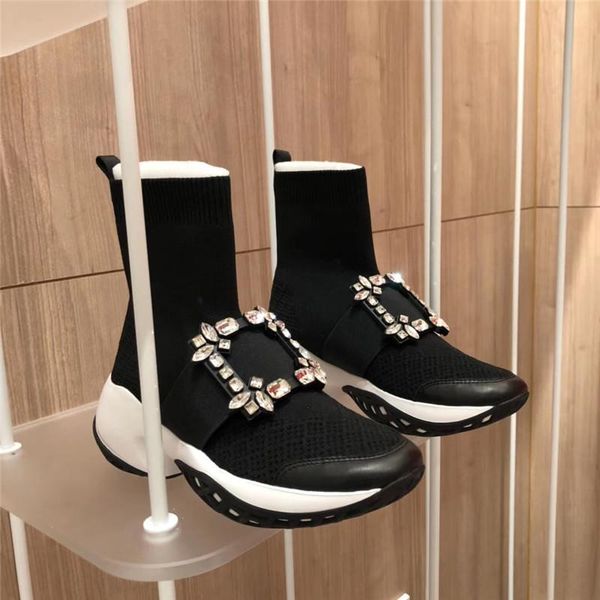 

platform shoes woman boots 2020 crystals design sock boots women fashion wedge heels ankle booties slip on brand botas mujer, Black