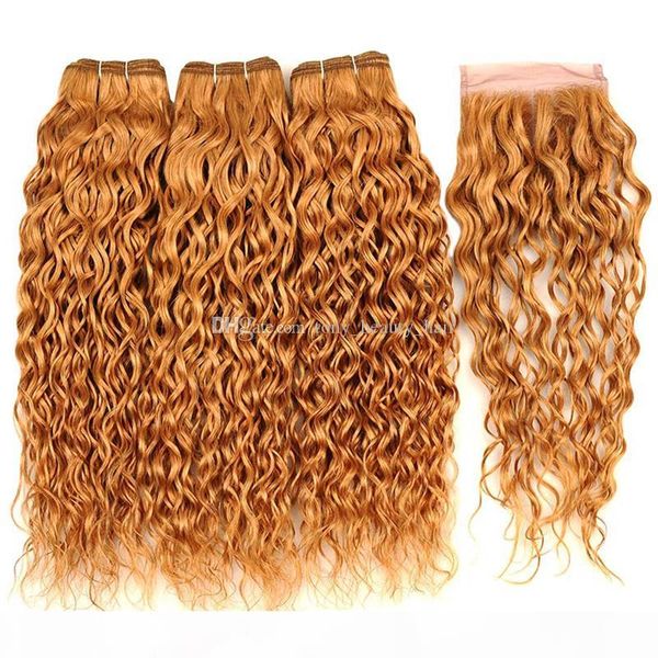 

indian water wave honey blonde human hair 3 bundles with closure #27 strawberry blonde wet wavy 4x4 lace closure with virgin hair weaves, Black