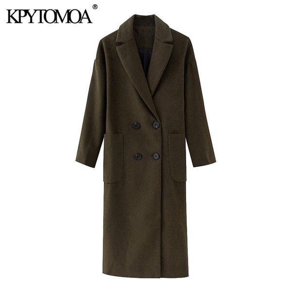 

kpytomoa women 2021 fashion office wear double breasted woolen coat vintage long sleeve pockets female outerwear chic overcoat, Black