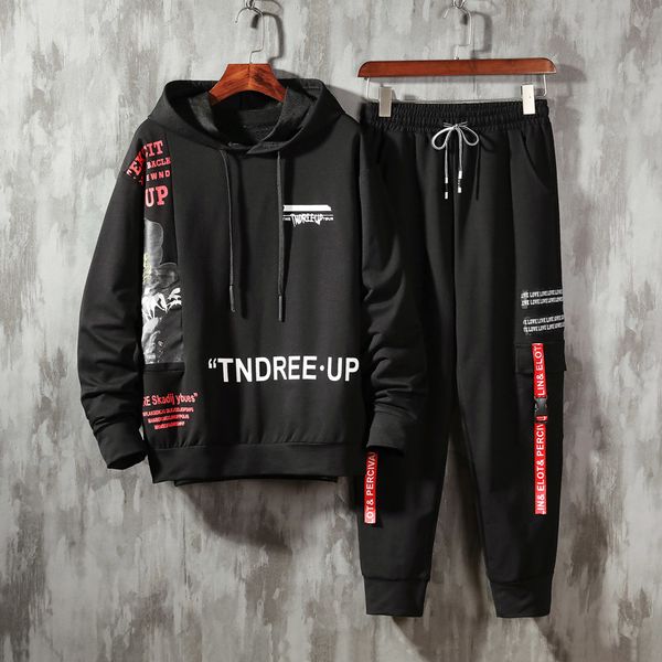 

men's two pieces streetwear sets men 2020 spring sportswear tracksuit hip hop sweatshirts sweatpants black hoodie men, Gray