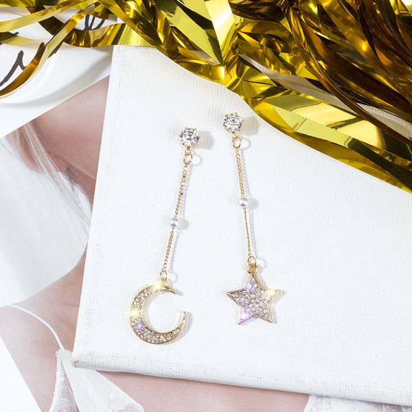 

fashion european and american style beautiful asymmetric star and moon earrings female temperament korean long fringe earrings personalized, Golden