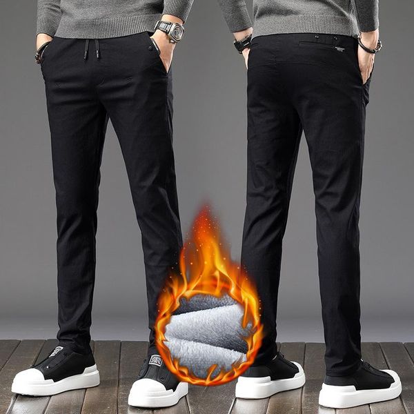 

2020 men's winter fleece fluff thicken warm casual pants men business straight elastic thick cotton black trousers male,1861