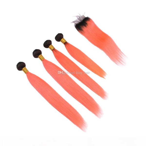 

dark roots 1b orange silky straight human hair 4bundles with 4*4 lace closure colored orange straight hair weaves with closure pieces, Black