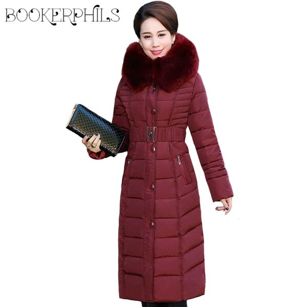 

winter jacket women middle-aged x-long plus size thick fur collar winter coat women long parkas hooded cotton outerwear l-5xl 201031, Black