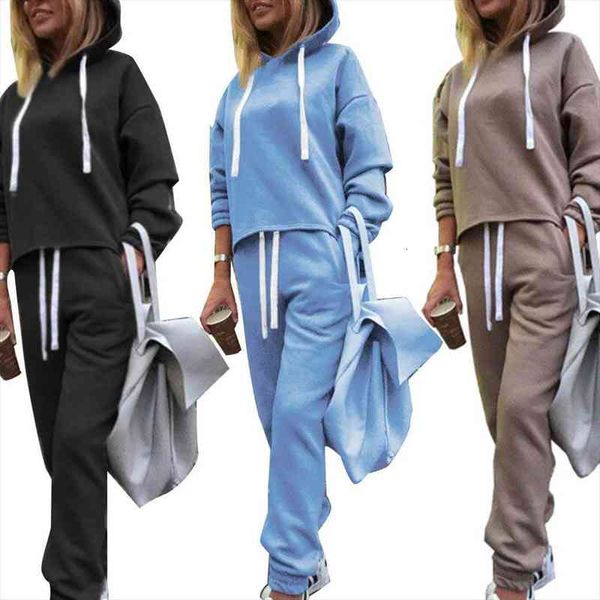 

2pcs solid color two piece set women outfits set long sleeve hooded sweatshirt drawstring sweatpants pants women tracksuits, White