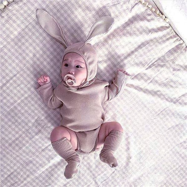 

korean baby ribbed romper long sleeve newborn boy girls solid one piece jumpsuit+rabbit ear cap+sock baby autumn outfit clothes c1021, Blue