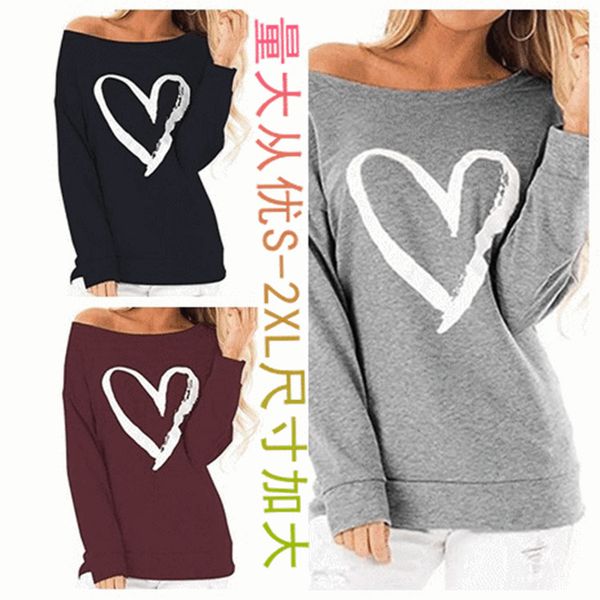 

2020 women's off shoulder heart print sweatshirt long sleeve casual pullover, Black;brown