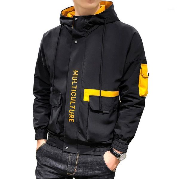 

men's jackets 2021 autumn japanese harajuku color patchwork printed fashion mens hooded casual windbreaker outerwear streetwear1, Black;brown