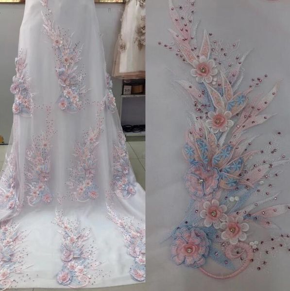 

ribbon selling african french net lace fabric s-58988 embroidered tulle mesh with heavy beads, Pink;blue