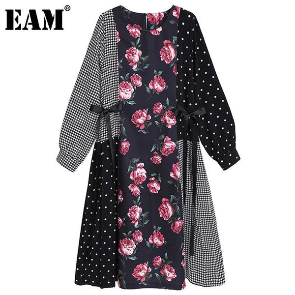 

casual dresses [eam] women dots spliced floral pattern dress round neck long sleeve loose fit fashion tide spring autumn 2021 1dd3387, Black;gray