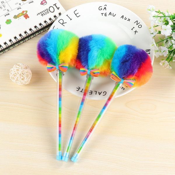 

colorful rainbow plush gel pen , novelty korean plush pen for school kids as prize gift , 0.38mm black1