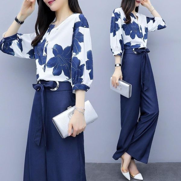 

весна лето шифон женщины костюмы 2 два части комплекты блузка лучшие широкие брюки ноги костюм элегантные офисные женские наряды брюки, Gray