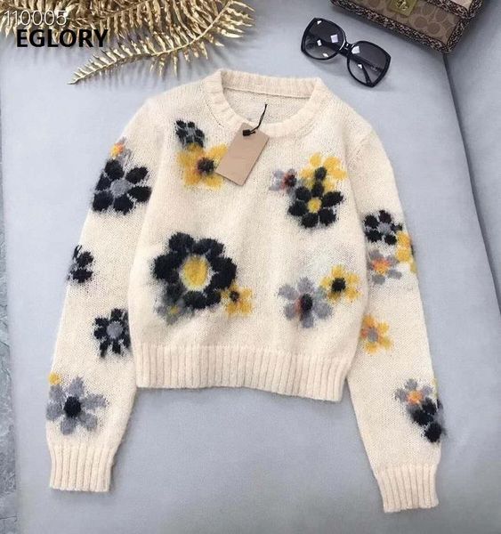 

2021 autumn winter pullovers sweater mohair knitting color block flower patterns long sleeve casual soft knitwear, White;black