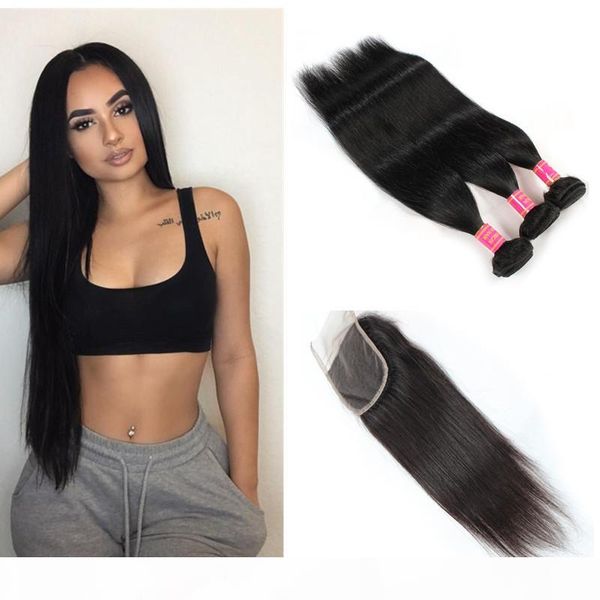 

brazilian straight human hair bundles with closure natural black human hair 3 bundles with lace closure