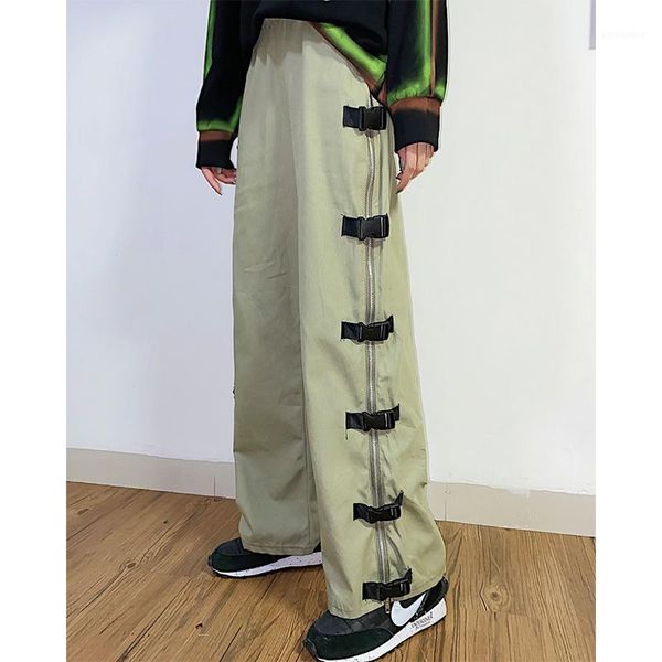 

street high street heavy industry zipper plug button straight tube loose wide leg pants men and women couples work pant trousers1, Black;white