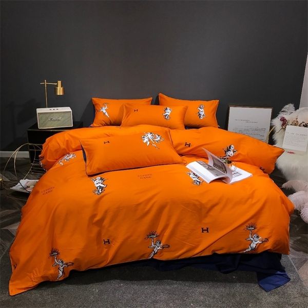 100% algodão laranja laranja conjunto 4 pcs cupid hd impressão digital edredão conjunto de edredões 60s sateen cama cama de casal rainha king folha t200706