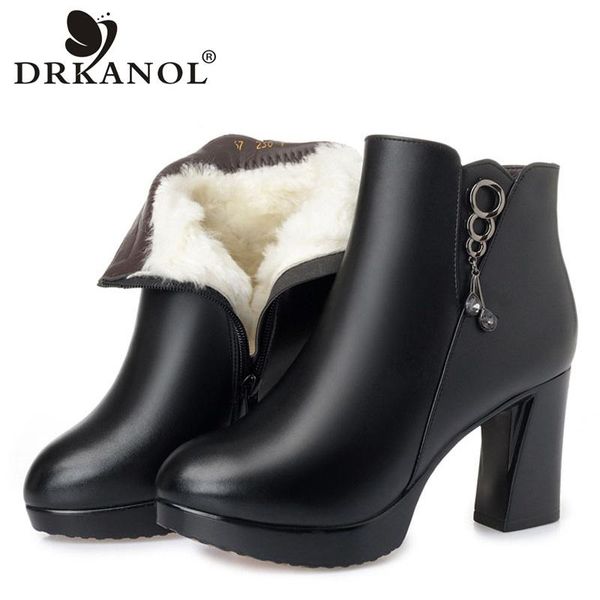 

drkanol winter warm fur ankle boots for women thick heel wool snow boots quality pu leather high heel warm shoes women, Black