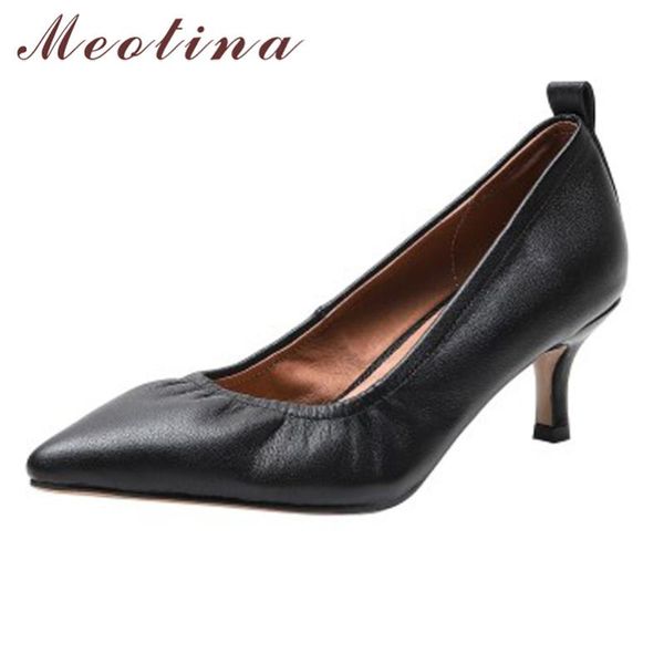 

meotina pointed toe women pumps genuine leather mid heel office shoes shallow stiletto heels female footwear beige spring 41 42, Black