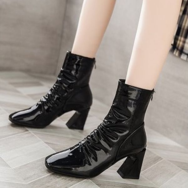 

new women's ankle boots square toe ladies footwear slip-on pu leather fashion short fold botas mujer 2021 5o91, Black