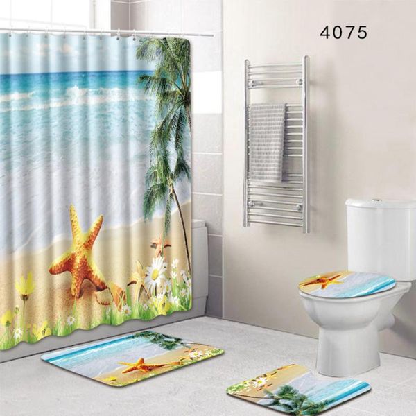 

ocean beach theme bathroom non-slip pedestal rug + lid toilet cover + bath mat+waterproof shower curtain with 12 hooks