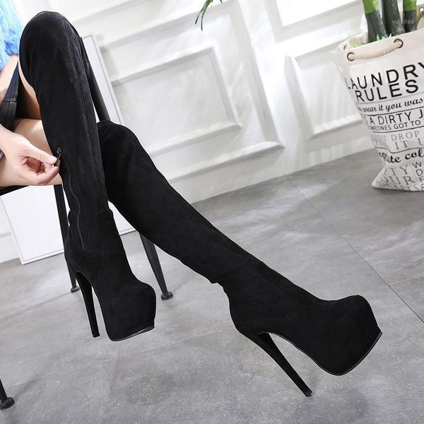 

size 34-39 new 2021 over the knee boots women faux suede thigh high boots platform stretch slim ladies women's winter1, Black