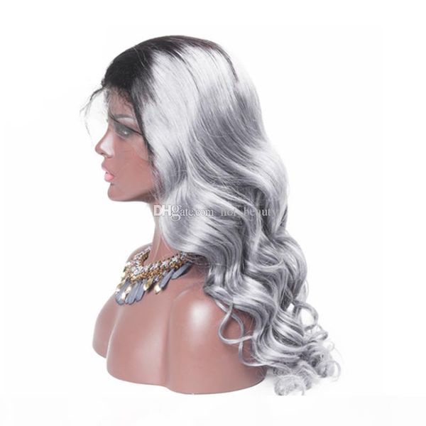 

grey ombre hair full lace wig two tone 1b grey virgin brazilian human hair body wave grey lace wig for sale, Black;brown