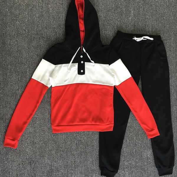 

2pcs casual women sports suit color block buttons hoodie ankle tie long pants women sports suit color block buttons hoodie ankle, Gray