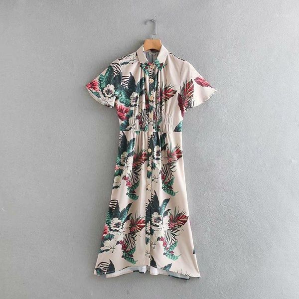 

2019 women vintage floral print pleats elastic waist dress ladies buttons split vestidos chic casual slim summer dresses ds22651, Black;gray
