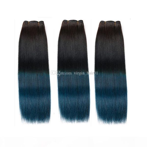 

two tone 1b blue ombre brazilian silk straight human virgin hair 3 bundles 100% human hair black and blue 3 bundles hair wefts, Black;brown