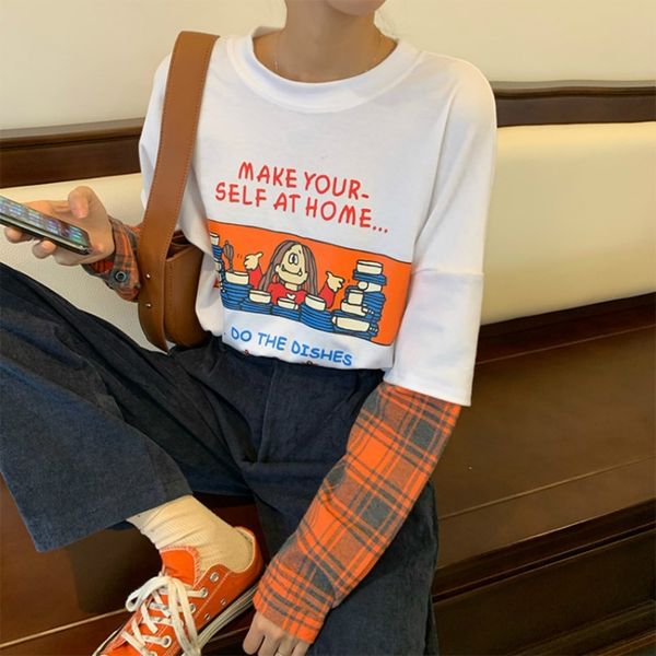 

gobzd fake two-piece women's 2020 new interior tshirt sleeve shirt spring and autumn yt0si trendy mid-length long base t-shirt versat, Black