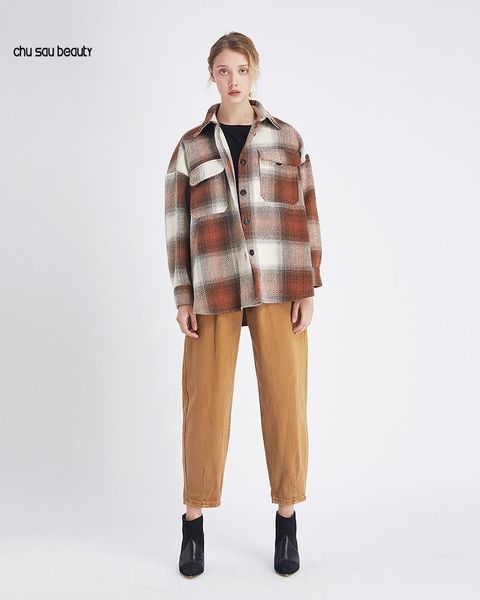 

vintage stylish pockets oversized plaid jacket coat women 2021 fashion lapel collar long sleeve loose female outerwear chic 1, Black;brown