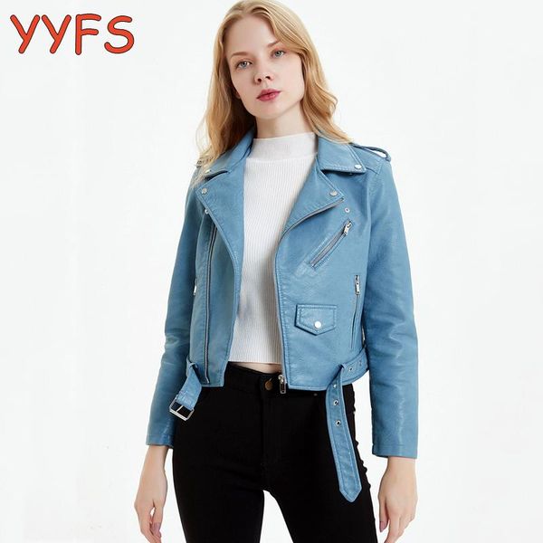

yyfs leather jacket women slim short motorcycle pu leather jackets autumn winter jacket coat female casual streetwear with belt, Black
