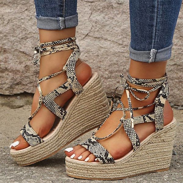 

2021 women sandals bandage hemp pu leather lace up woman shoes summer high heels casual plus size new shoe j1la, Black