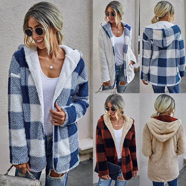 

women's down & parkas thicken women coat medium-long plaid printed pocket long sleeve hoodie lady hooded overcoat outerwear winter fema, Black