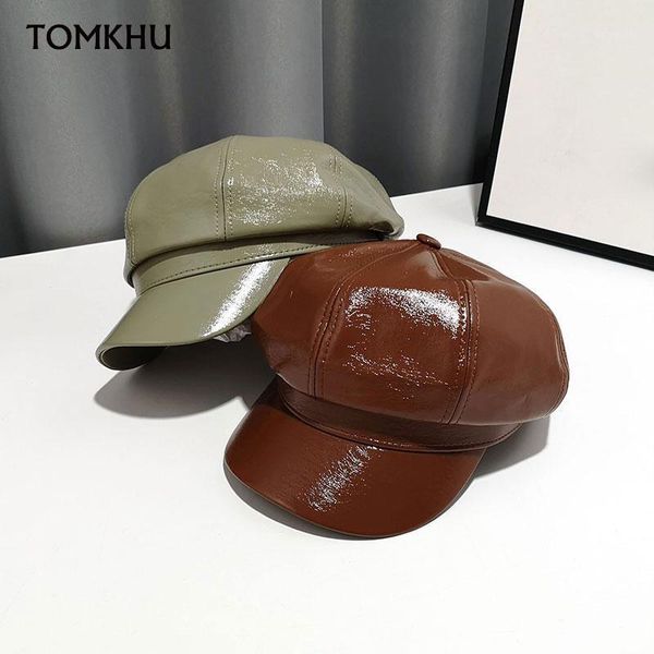 

stingy brim hats elegant for women bright artificial leather octagonal hat casual beret fall winter cap british retro lady korean1, Blue;gray
