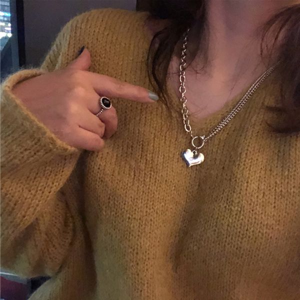 

south korea east gate love necklace women's net red thick neck design feeling splicing heart tank sweater chain, Silver