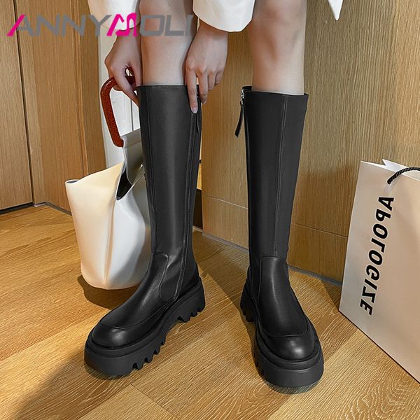 

annymoli natural genuine leather flats platform riding boots knee high boots women shoes zipper lady long autumn black 40