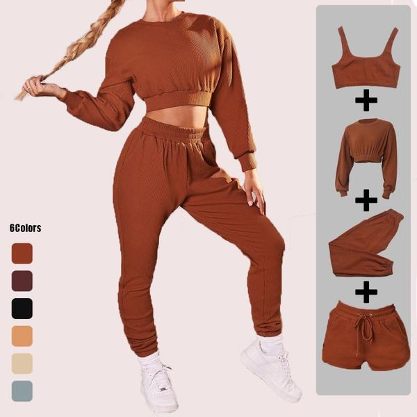 

autumn and winter women's casual fashion sports suit 2pcs set gym long-sleeve shirt fitness loose sweatpants running pants, White;red