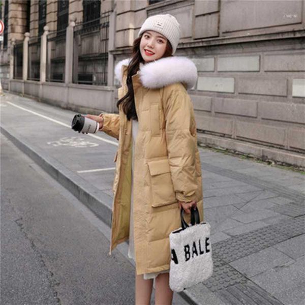 

2021 winter women fashion hooded fur collar white duck down jacket clothes thicken warm pocket long coats mujer1, Black