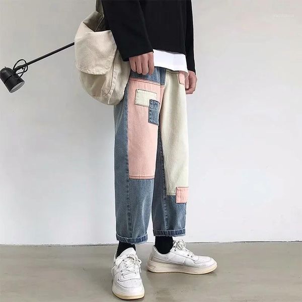 

spring autumn patch jeans men japanese fresh hit color ins loose straight nine-point pants casual street denim trousers trend1, Blue