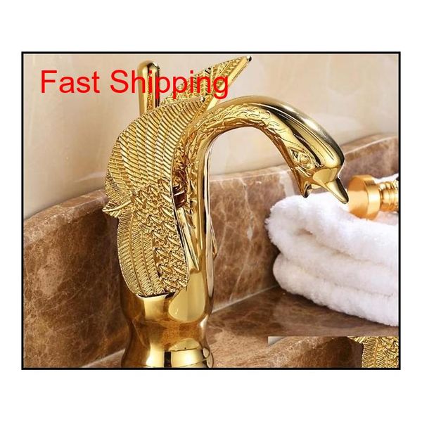 

wholesale- gold finish swan shape brass basin sink faucet bathroom single hole centerset basin mixer tap zxmql