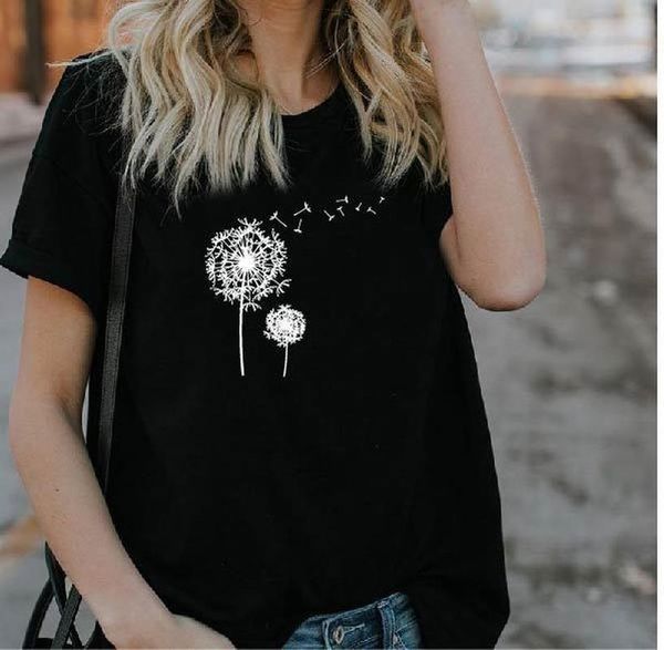 

flying dandelion print t shirt women short sleeve o neck loose tshirt 2020 summer fashion women tee shirt camisetas mujer, White