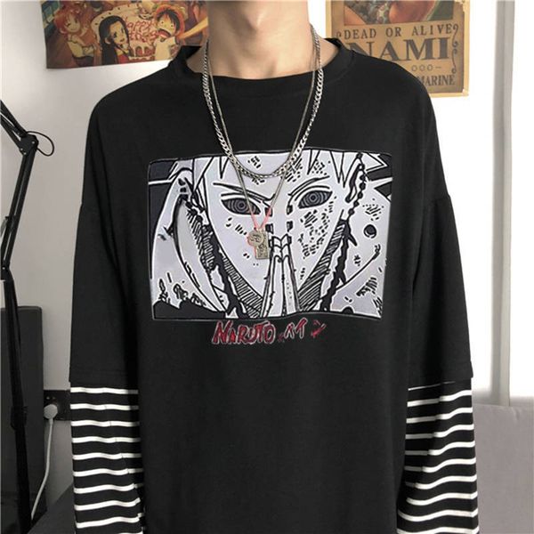 

japan cartoon naruto t-shirt hip hop printed autumn patckwort tshirt streetwear funny men striped punk high street t shirts, White;black