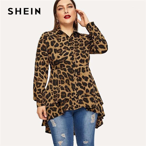 

shein plus size casual leopard print dip hem shirt blouse women spring autumn layered hem office lady long and blouses1, White