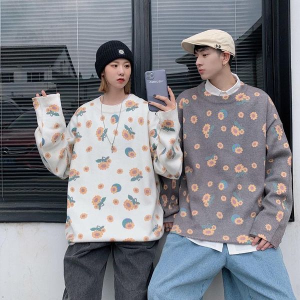 

winter flower sweater men's warm fashion casual o neck knitted pullover men clothes wild loose korean couple sweaters -2xl, White;black