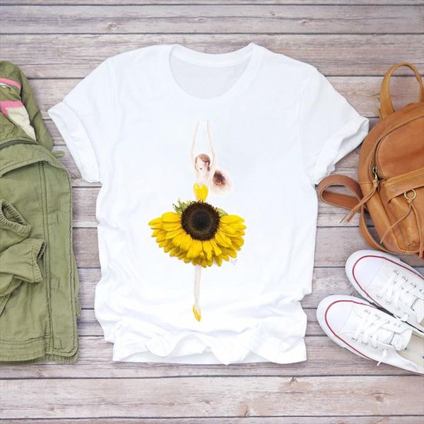 

womens t shirts sunflower cartoon printing floral ladies flower lady floral women print ladies t graphic female tee shirt, White