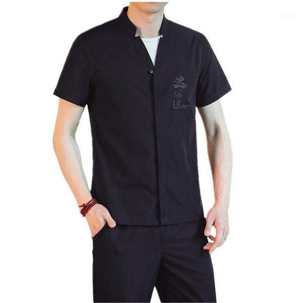 

chinese style black mens 2-piece set summer men shirt short sleeves and ankle-length pants gray khaki retro man and pants1