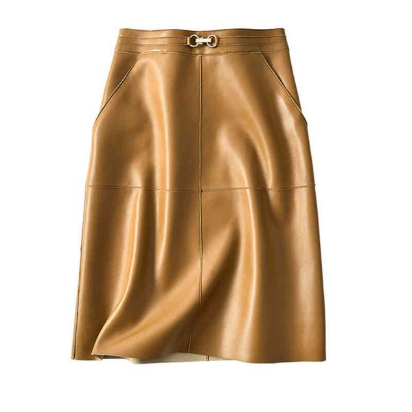 

skirts genuine leather women high waist real natural skeepskin fashion elegant office lady work wear midi a-line plus size 7gk1, Black