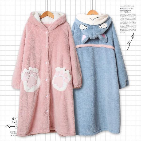 

lovely women winter robe with hat kimono bathrobe loose autumn nightgown ears hooded sleepwear bath night dress gown for girls1, Black;red